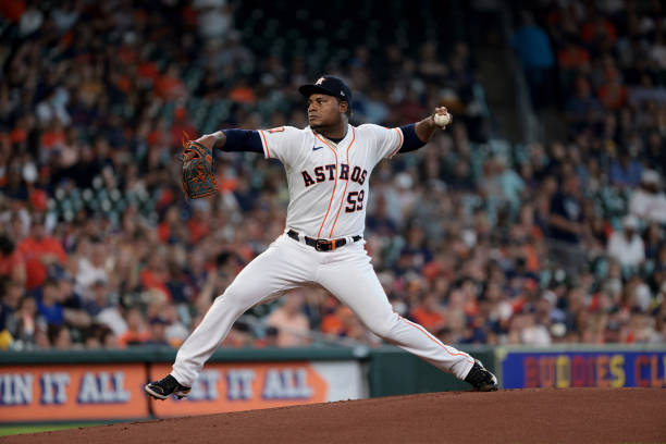 May 7 2022: Houston pitcher Framber Valdez (59) throws a pitch