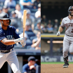 (L) New Arizona Diamondbacks outfielder Kyle Lewis (R) New Seattle Mariners outfielder/catcher Cooper Hummel The two were traded for each other Nov 17, 2022.