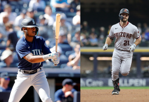 (L) New Arizona Diamondbacks outfielder Kyle Lewis (R) New Seattle Mariners outfielder/catcher Cooper Hummel The two were traded for each other Nov 17, 2022.