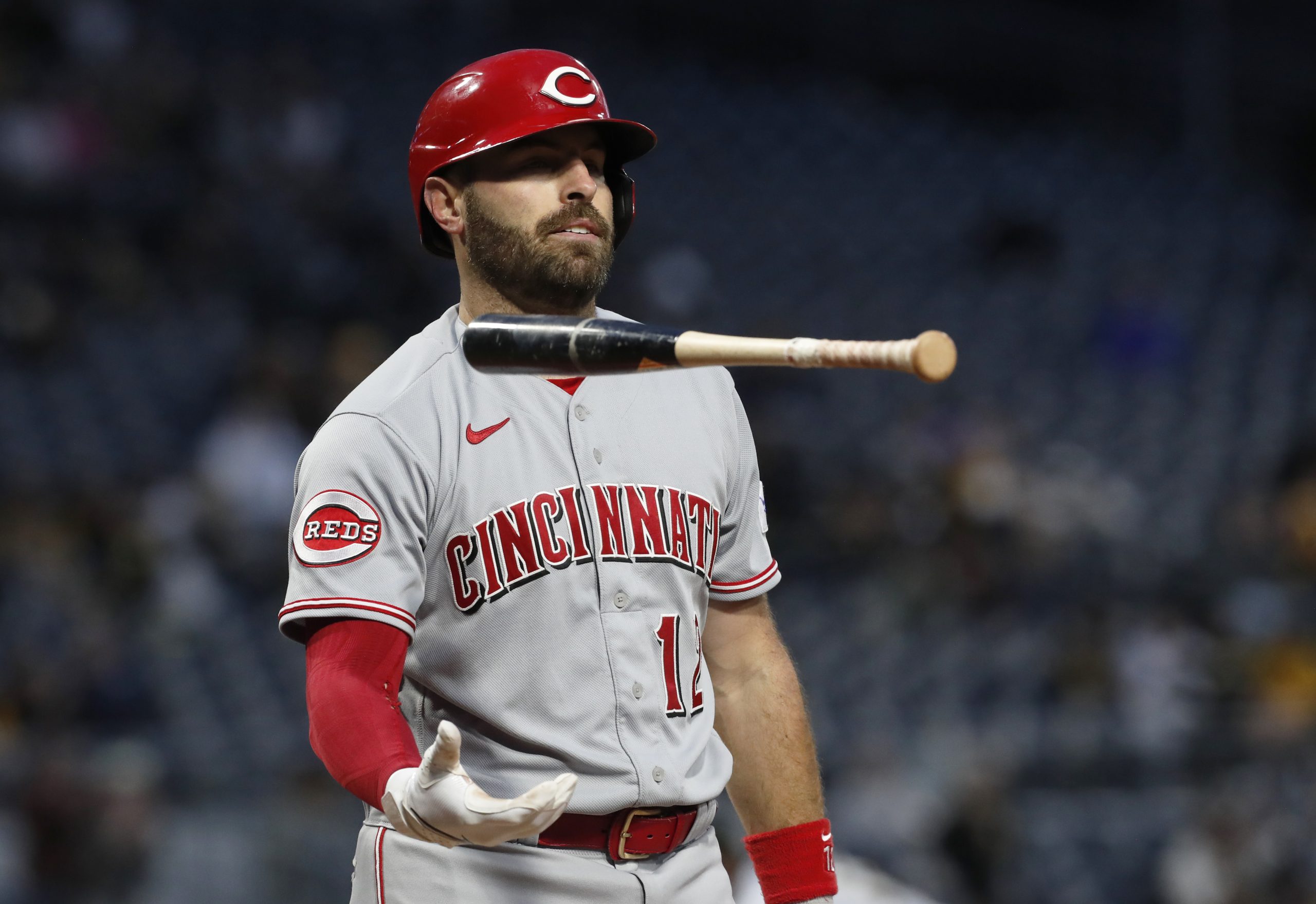 Curt Casali Frustrated after striking out for Cincinnati Reds