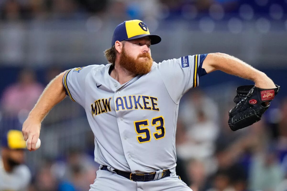 Milwaukee Brewers starting pitcher Brandon Woodruff (53) throws a pitch against the Miami Marlins during the first inning at loanDepot Park in September 2023.