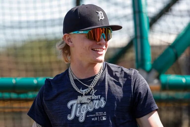 Detroit Tigers outfielder prospect Max Clark works out during spring training at TigerTown in Lakeland, Fla.