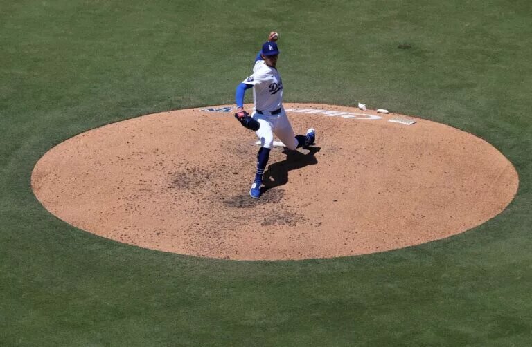 Dodgers pitcher Justin Wrobleski (70) throws during the fourth inning against the Milwaukee Brewers at Dodger Stadium.