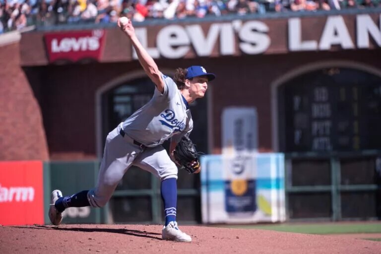 Dodgers starter Tyler Glasnow delivers a pitch at Oracle Park.