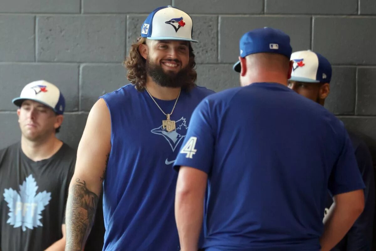 The future is looking bright for Alek Manoah (center), who threw off a mound for the first time since his Tommy John surgery last year.