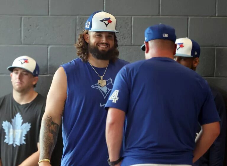 The future is looking bright for Alek Manoah (center), who threw off a mound for the first time since his Tommy John surgery last year.
