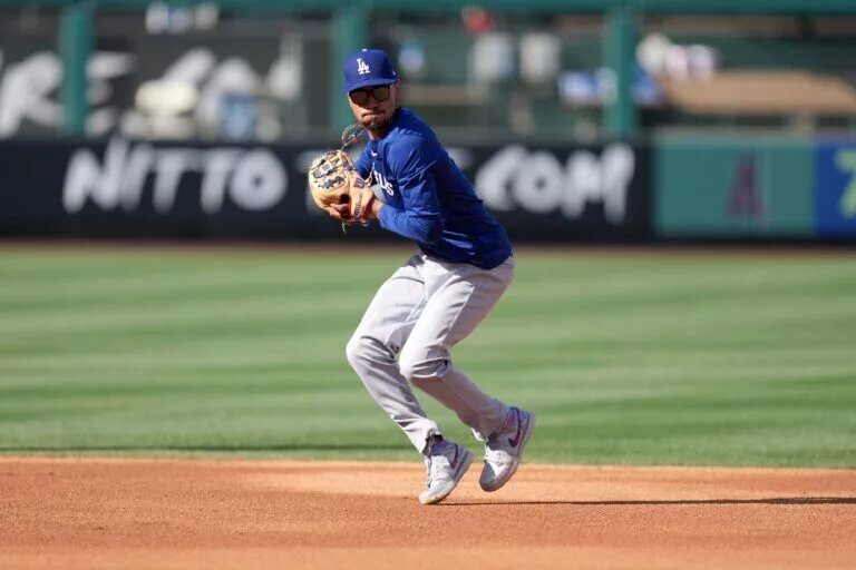 Dodgers shortstop Mookie Betts warms up at Angel Stadium.
