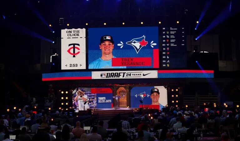 Blue Jays prospect Trey Yesavage (shown on draft board) is making a case for promotion with two great starts at Single-A Dunedin