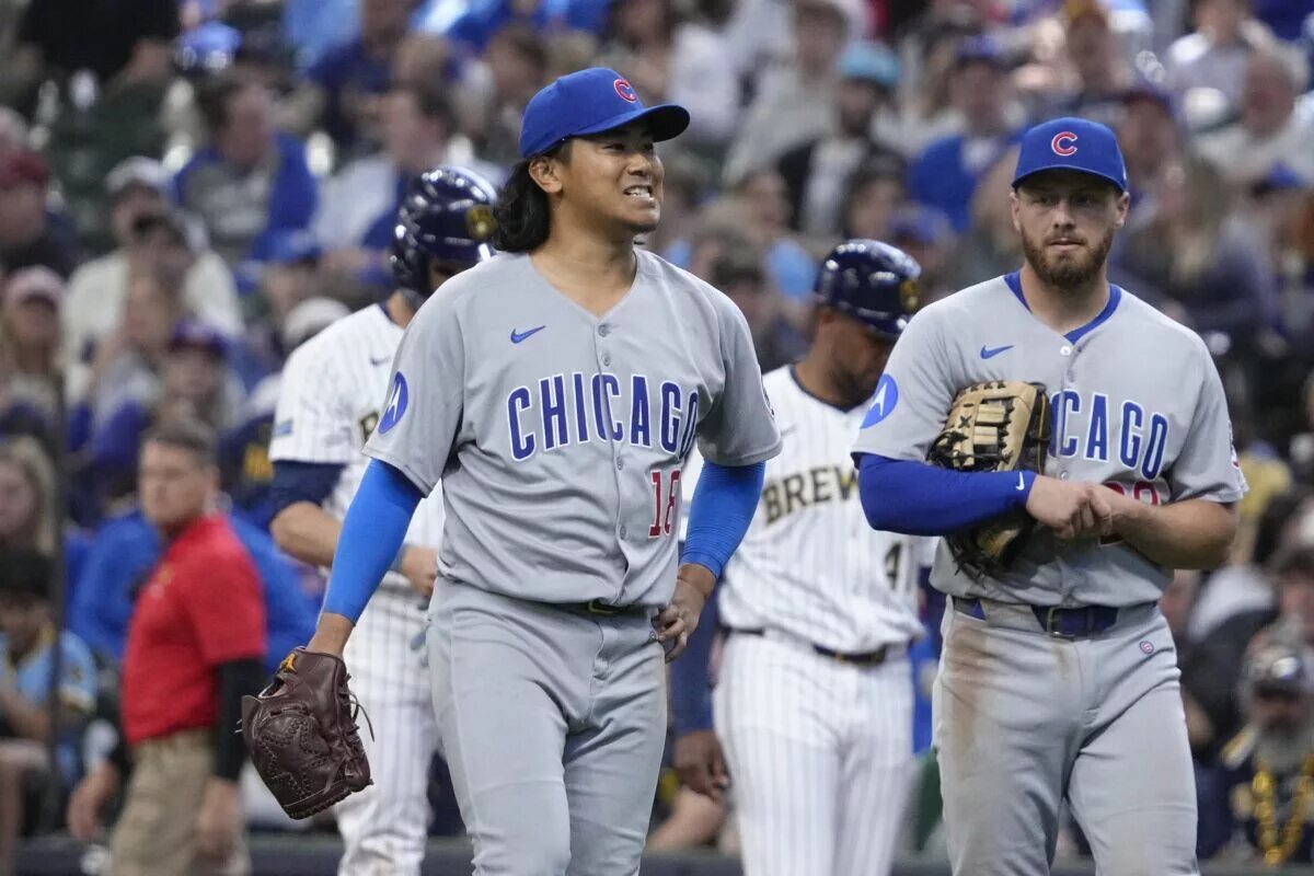 Cubs starter Shota Imanaga (left) departed Sunday's game against the Brewers with a left hamstring injury.