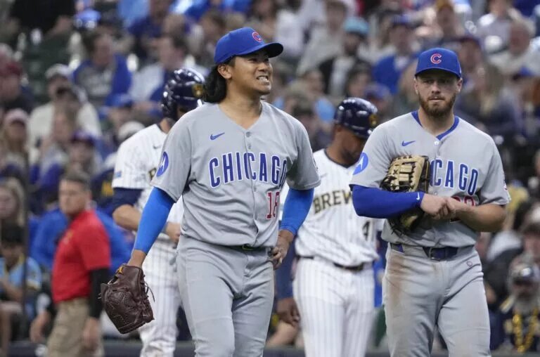 Cubs starter Shota Imanaga (left) departed Sunday's game against the Brewers with a left hamstring injury.