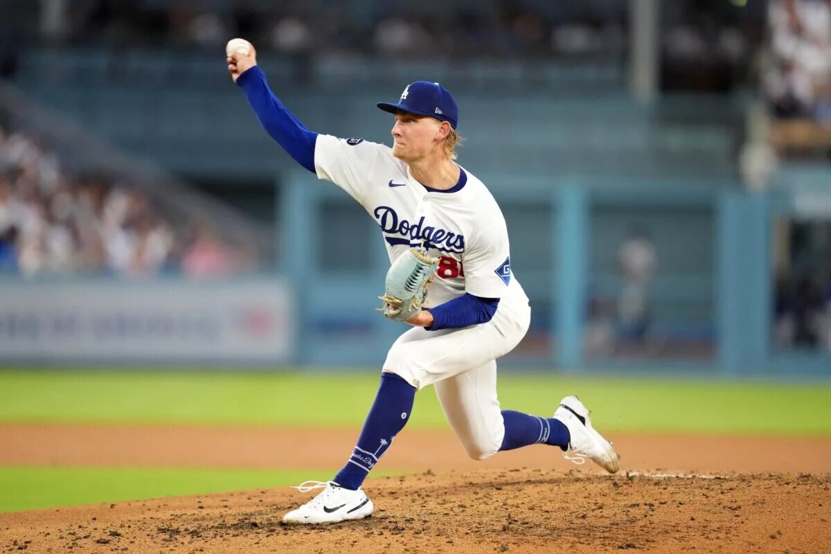 Los Angeles Dodgers pitcher Emmet Sheehan (80) throws in the fourth inning against the San Diego Padres at Dodger Stadium in June 2025.