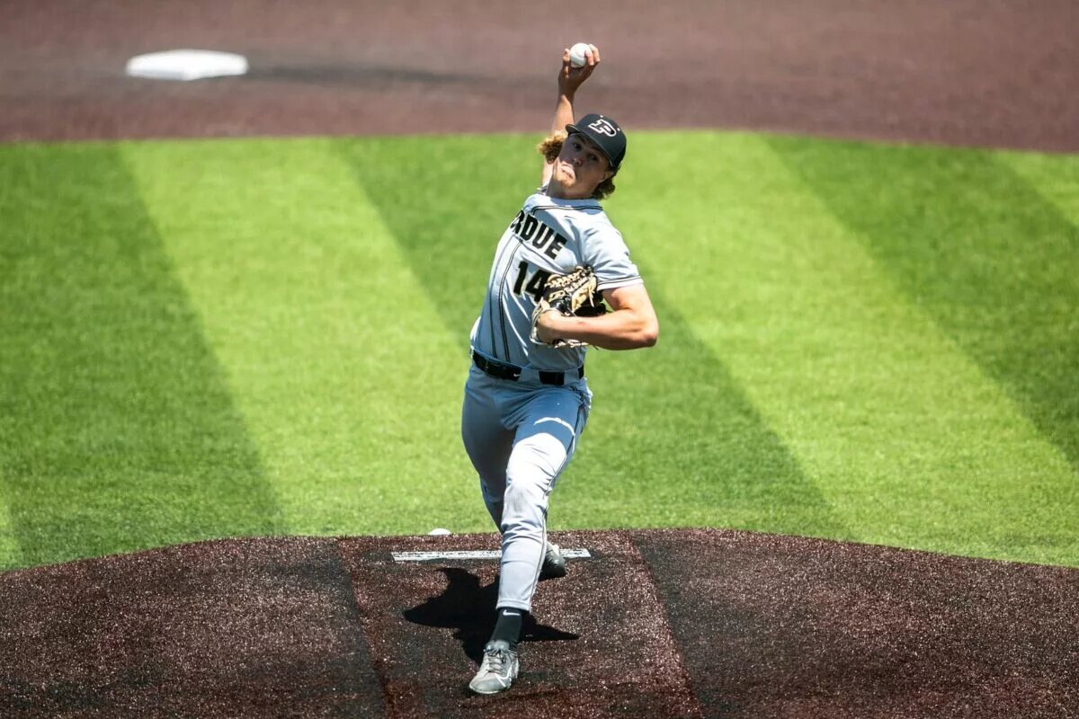 Blue Jays prospect Khal Stephen, seen here pitching at Purdue in 2022, is tearing it up at High-A Vancouver.