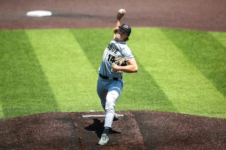 Blue Jays prospect Khal Stephen, seen here pitching at Purdue in 2022, is tearing it up at High-A Vancouver.