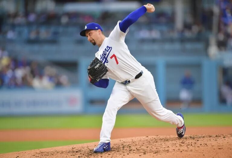 Dodgers pitcher Blake Snell (7) throws a pitch at Dodger Stadium in April 2025.