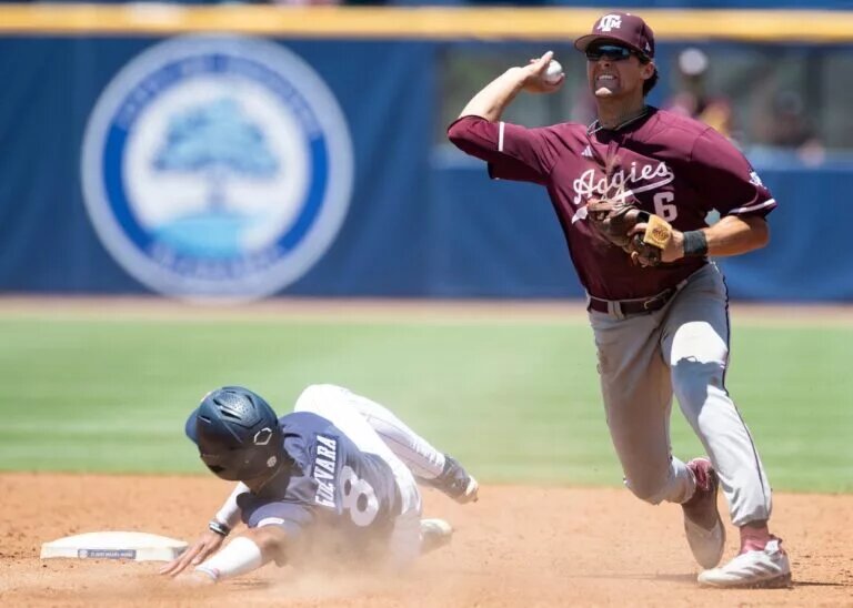 The Yankees took Texas A&M shortstop Kaeden Kent (right) in round three of the 2025 MLB Draft.