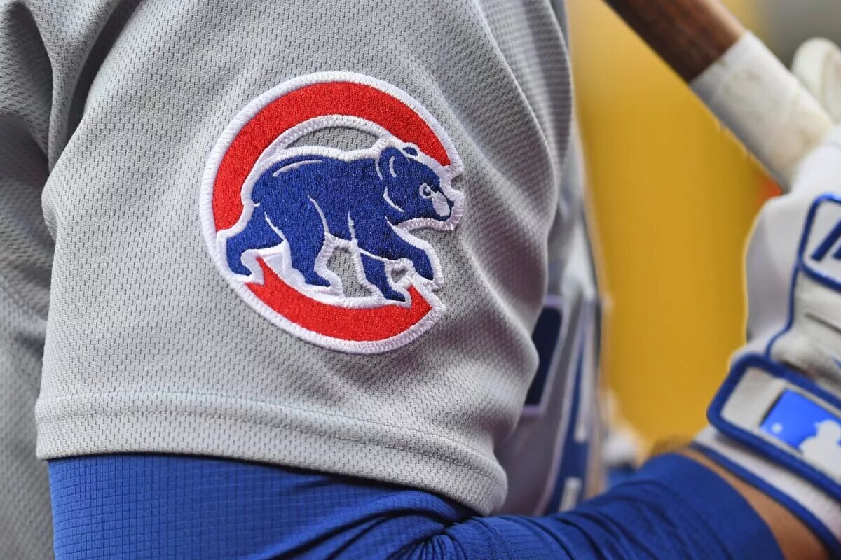 Chicago Cubs logo on the jersey of third baseman Matt Shaw (6) in June 2025.