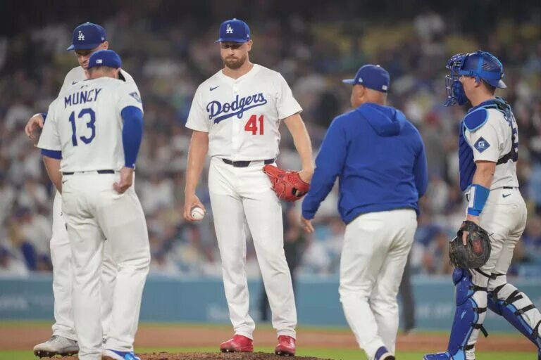 Dodgers reliever Brock Stewart (41) comes out of an August 2025 game.