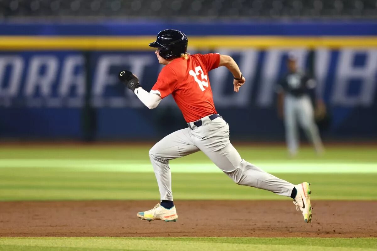 Draft prospect A.J. Ewing during a high school baseball game at the 2023 MLB Draft Combine at Chase Field.