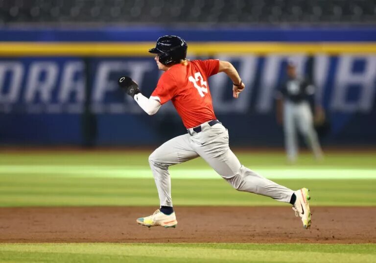 Draft prospect A.J. Ewing during a high school baseball game at the 2023 MLB Draft Combine at Chase Field.