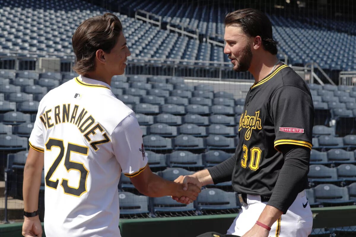 Prep pitcher Seth Hernandez (left), the Pittsburgh Pirates first round and number six overall pick in the 2025 MLB first year player draft, greets Pirates pitcher Paul Skenes (30) before the game against the Detroit Tigers at PNC Park in July 2025.