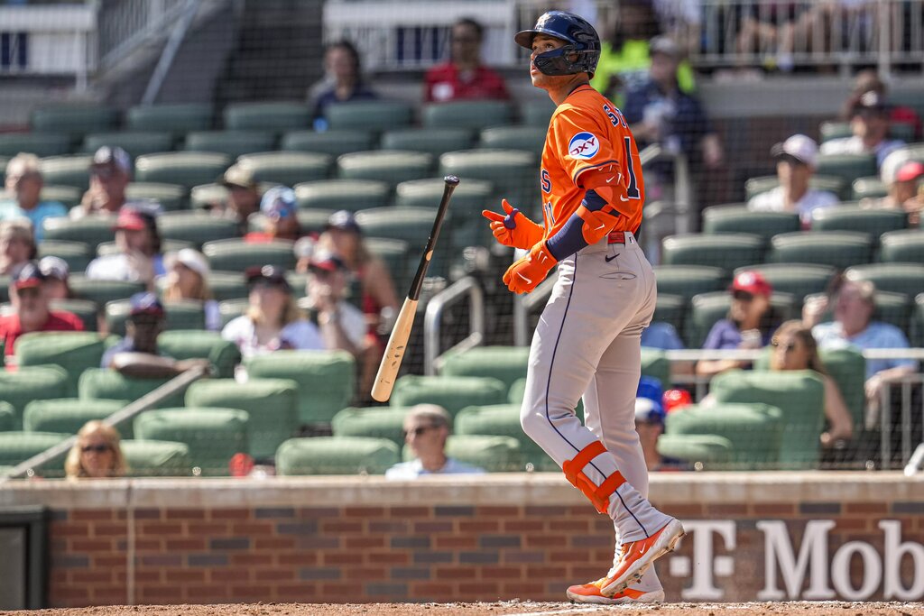 Houston Astros Right Fielder Cam Smith flips his bat following a home run against the Atlanta Braves at Truist Park on September 14, 2025.