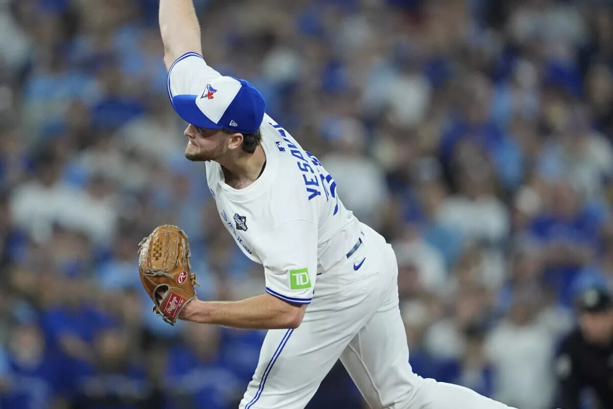 Toronto Blue Jays Starting Pitcher Trey Yesavage delivers a pitch in the 7th inning of game seven of the 2025 World Series vs the Los Angeles Dodgers.