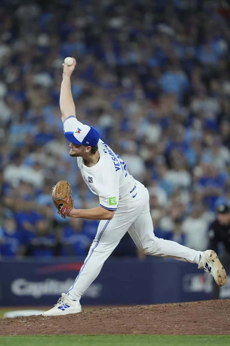 Toronto Blue Jays Starting Pitcher Trey Yesavage delivers a pitch in the 7th inning of game seven of the 2025 World Series vs the Los Angeles Dodgers.