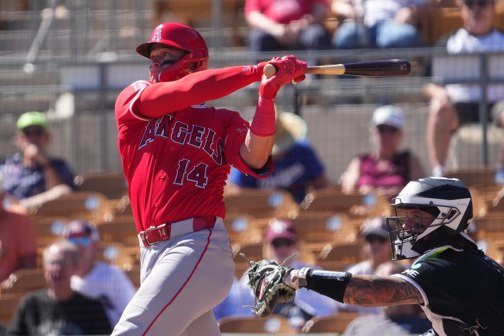 Los Angeles Angels catcher Logan O'Hoppe looks on during an at-bat vs the Chicago White Sox in a 2026 Spring Training exhibition. 