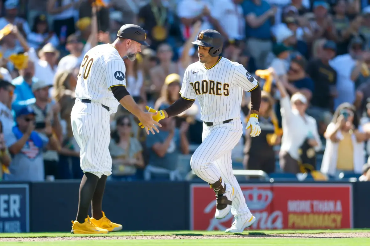 Ramon Laureano rounds the bases after homering at Petco Park.