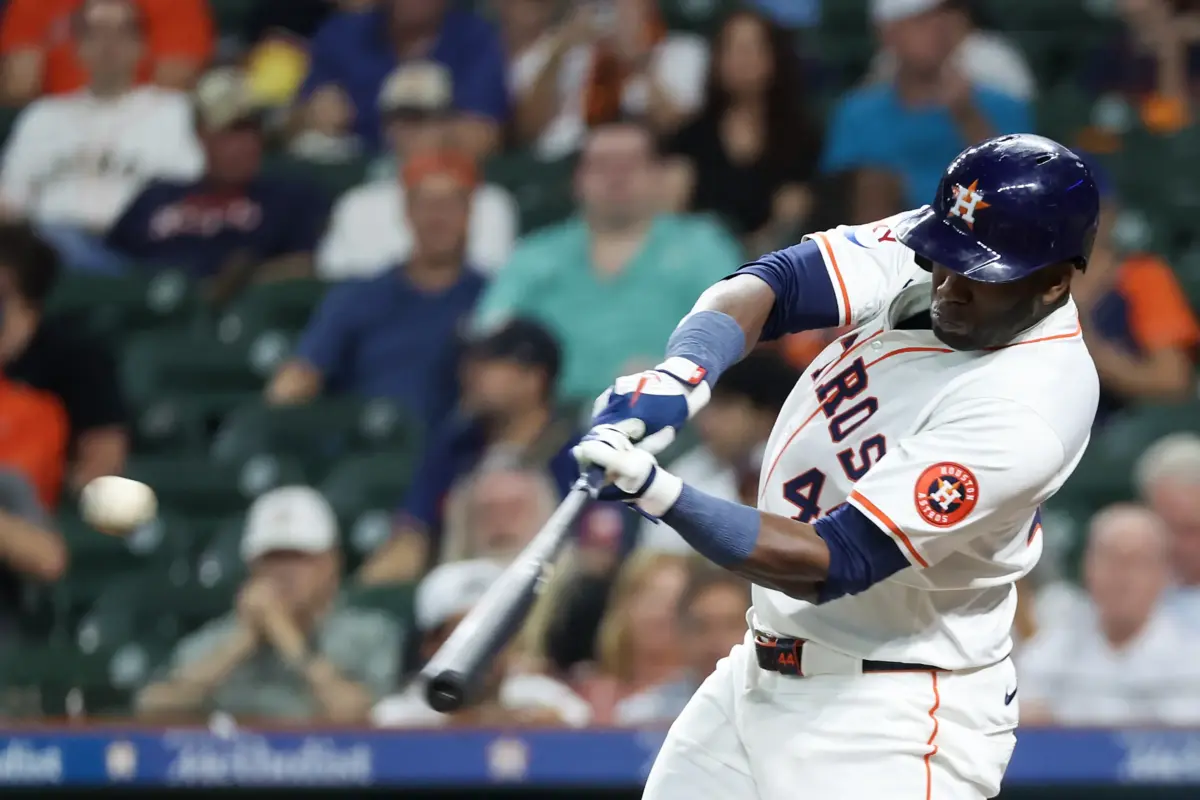 Houston Astros designated hitter Yordan Alverez (44) hits a single against the Kansas City Royals
