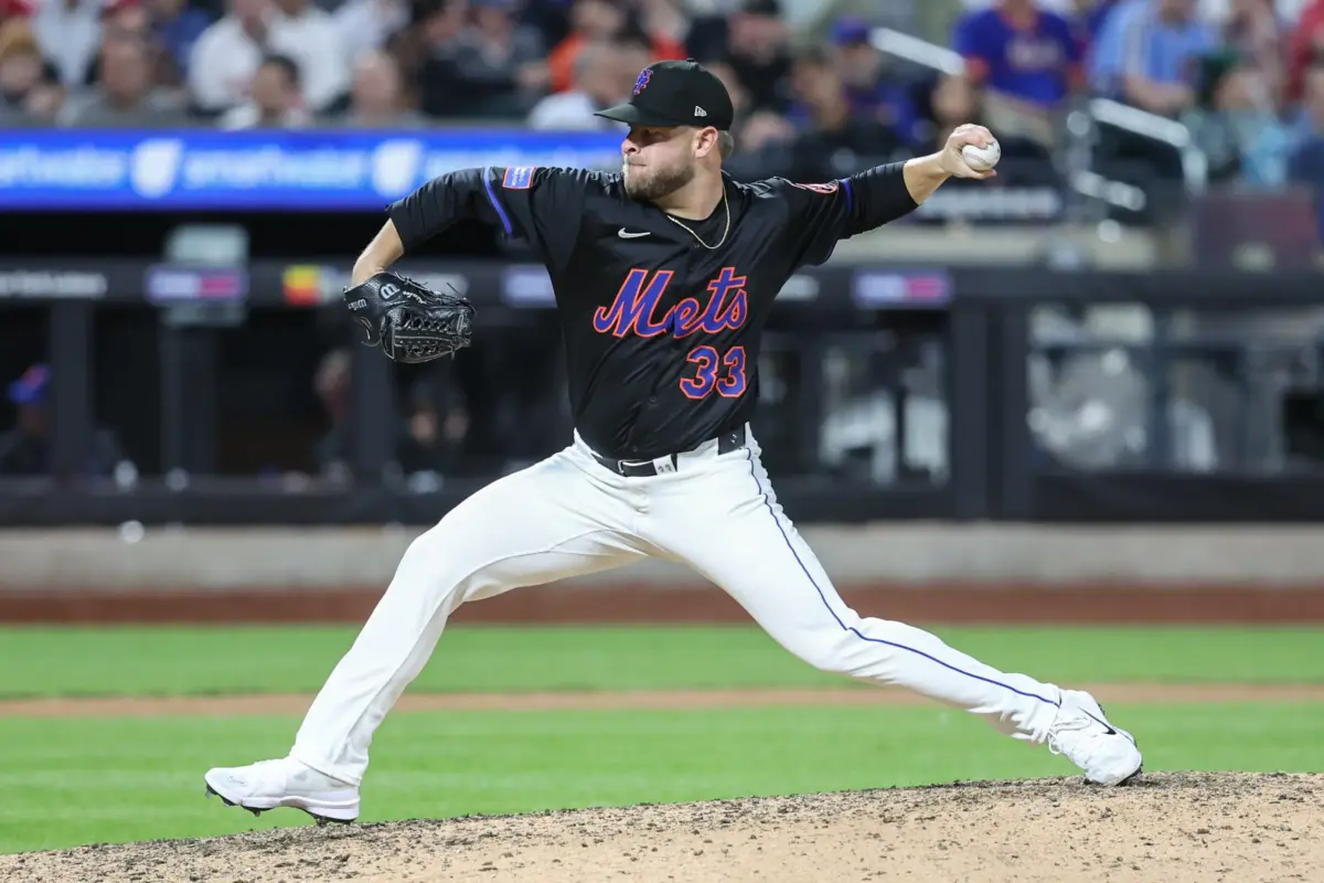 New York Mets reliever A.J. Minter pitching against the Philadelphia Phillies in the sixth inning on April 22, 2025 at Citi Field.