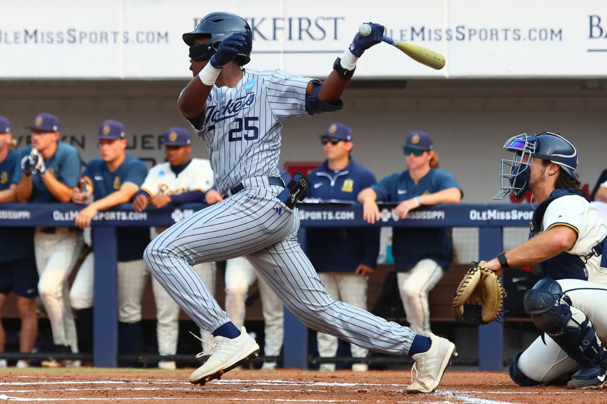 Georgia Tech Yellow Jackets catcher Vahn Lackey hitting a single vs the Murray State Racers during the first inning at the Oxford Regional in Oxford, Mississippi on May 31, 2025.