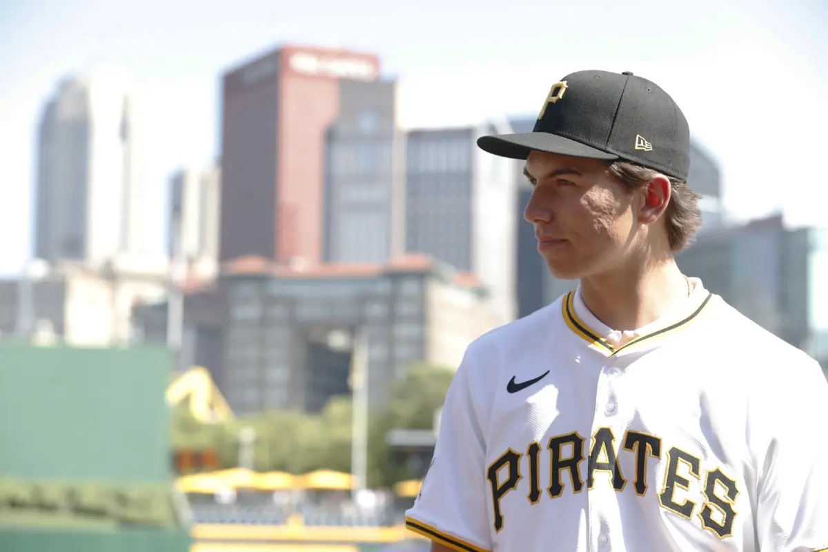 The Pittsburgh Pirates first round pick sixth overall in the 2025 MLB Draft, pitcher Seth Hernandez, looks on ahead of a game against the Detroit Tigers at PNC Park in Pittsburgh, Pennsylvania, on July 22, 2025.
