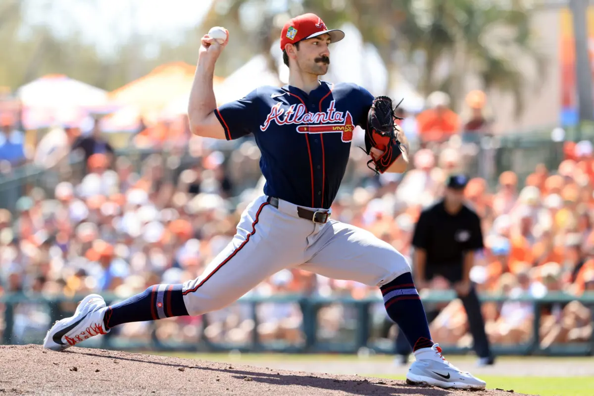 Atlanta Braves starting pitcher Spencer Strider pitching against the Baltimore Orioles in the first inning during spring training at Ed Smith Stadium in Sarasota, Florida on February 28, 2026.