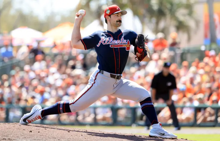 Atlanta Braves starting pitcher Spencer Strider pitching against the Baltimore Orioles in the first inning during spring training at Ed Smith Stadium in Sarasota, Florida on February 28, 2026.