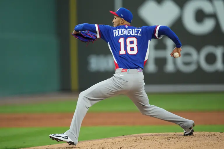 Puerto Rico pitcher Elmer Rodriguez (18) pitches in the first inning against the Boston Red Sox.
