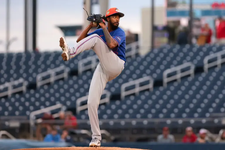 New York Mets starting pitcher Carl Edwards Jr. delivering a pitch against the Washington Nationals in Spring Training at CACTI Park of the Palm Beaches in Palm Beach Florida on March 13, 2026.
