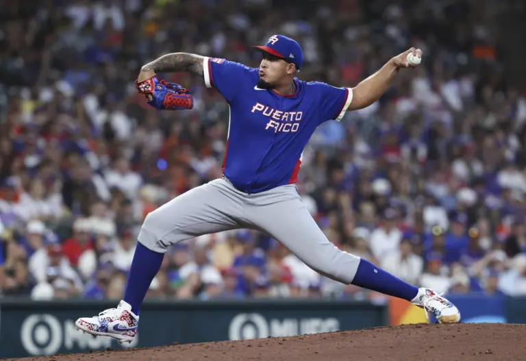 Puerto Rico pitcher Eduardo Rivera pitching against Team Italy during the quarterfinals of the WBC at Daikin Park in Houston, Texas on March 14, 2026.