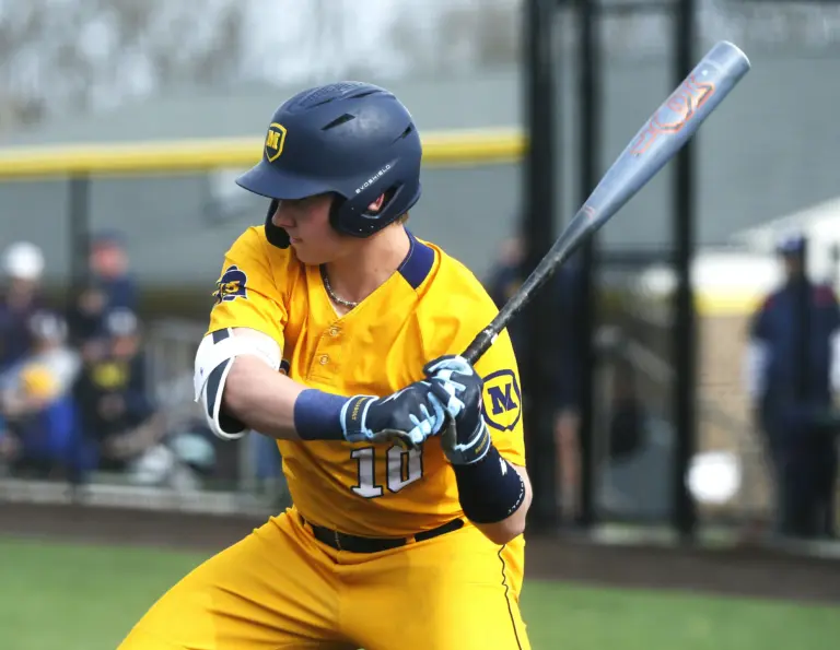 Moeller high school senior Matt Ponatoski watches a pitch during his at-bat against Ryle in a 12-2 win for Moeller at the River Cup during the Skyline Chili Reds Futures Showcase on March 29, 2026 at Sycamore high school.