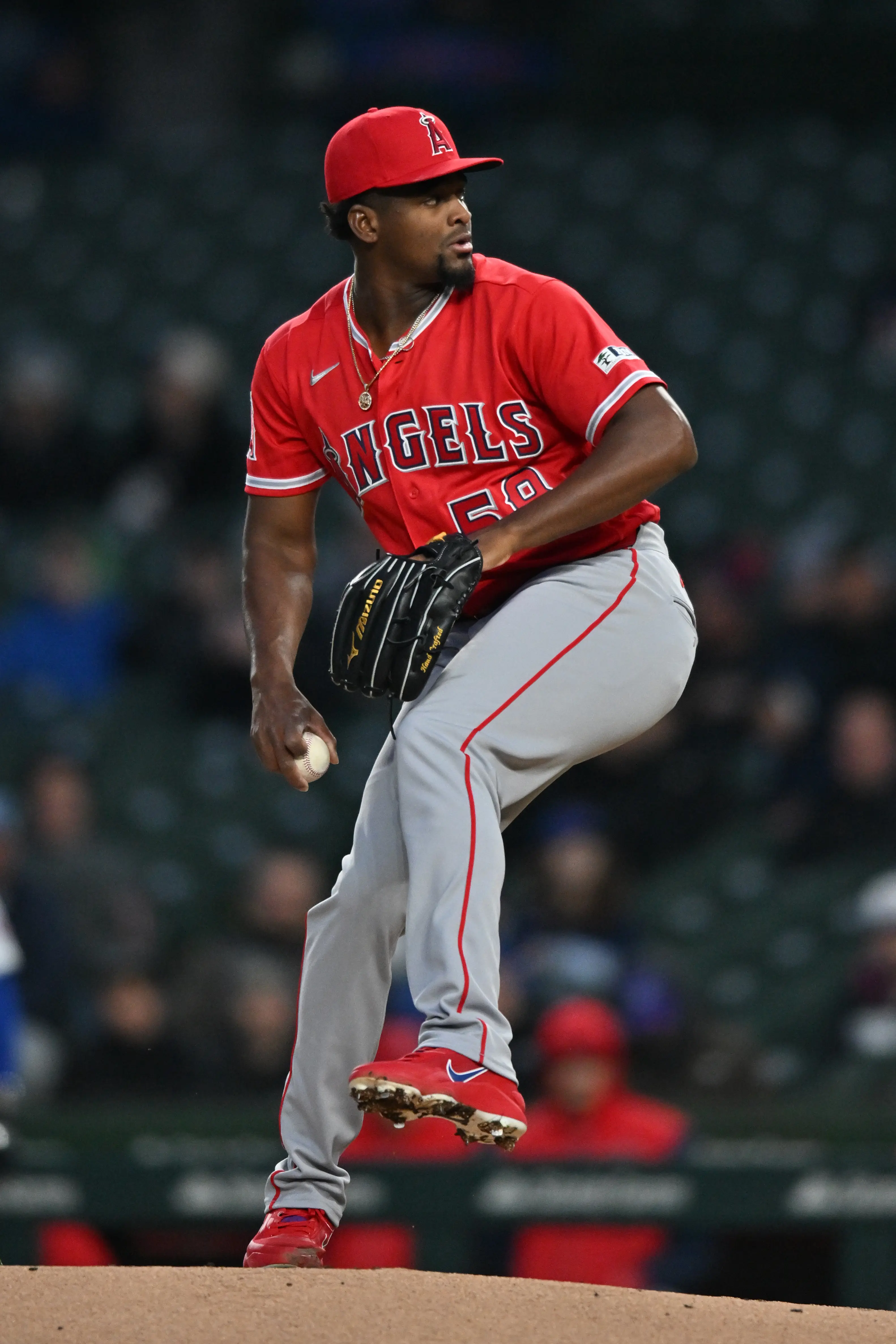 Los Angeles Angels Starting Pitcher Jose Soriano pitching against the Chicago Cubs on March 31, 2026 at Wrigley Field in Chicago, Illinois.