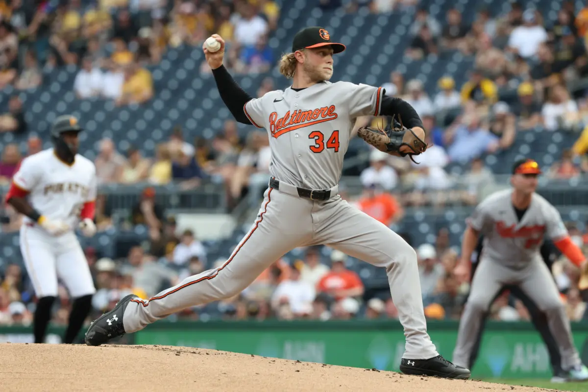 Shane Baz (34) delivers a pitch for the Baltimore Orioles against the Pittsburgh Pirates at PNC Park in Pittsburgh.