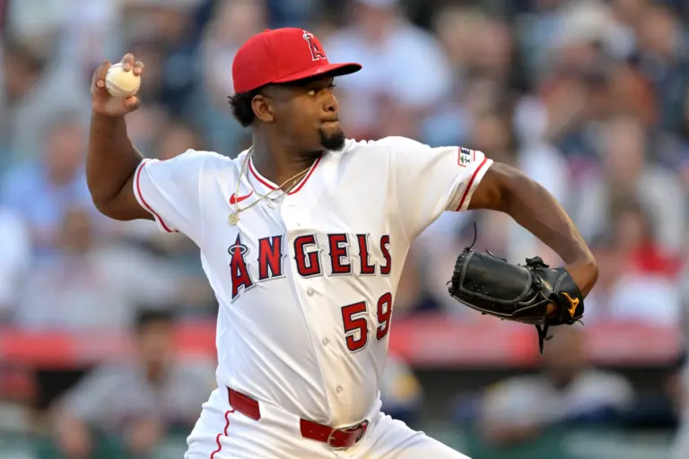 Los Angeles Angels' starting pitcher Jose Soriano pitching against the Atlanta Braves on April 6, 2026 at Angel Stadium in Los Angeles, California.