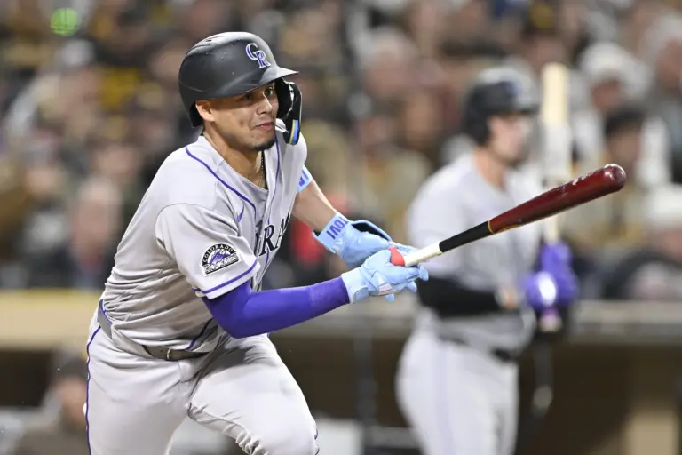 Colorado Rockies shortstop Ezequiel Tovar running to first after hitting a single in the seventh inning against the San Diego Padres at Petco Park in San Diego, California on April 10, 2026.