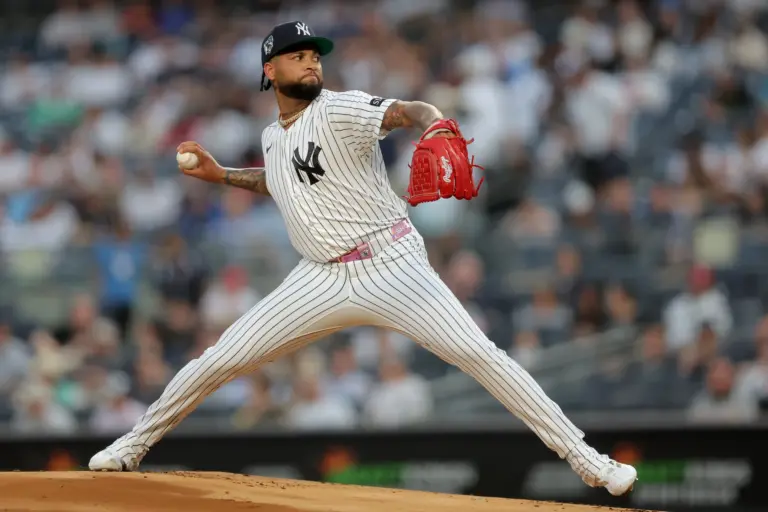 Luis Gil Pitching against the Los Angeles Angels on April 15, 2026 at Yankee Stadium in the Bronx, New York.