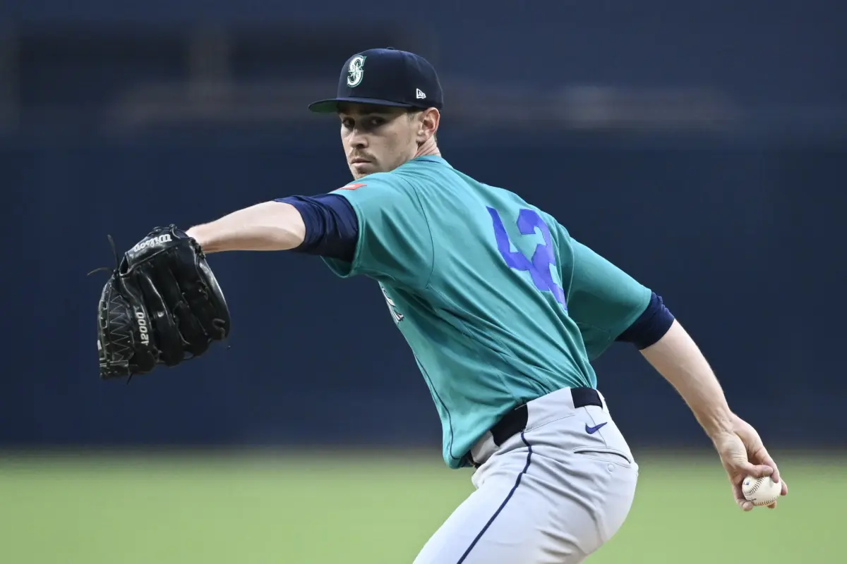 Seattle Mariners starting pitcher Emerson Hancock delivers during the first inning against the San Diego Padres at Petco Park. All MLB players wore number 42 on April 15 to honor Jackie Robinson.