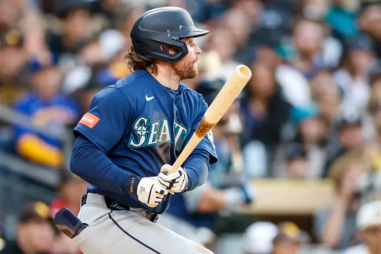 Seattle Mariners third baseman Brendan Donovan looks on after hitting a single during the fourth inning against the San Diego Padres at Petco Park in San Diego, California on April 16, 2026.
