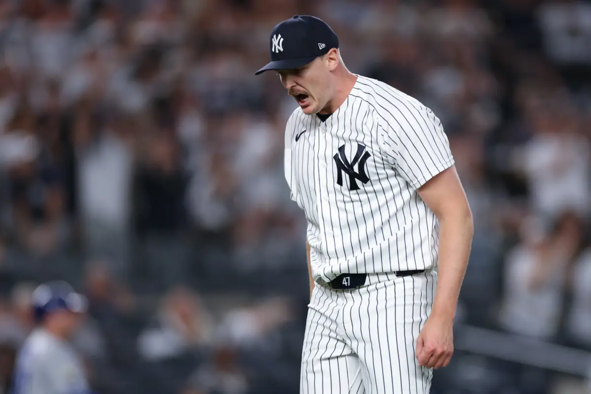 Yankees lefty Brent Headrick pumped up after getting out of a jam against the Royals.