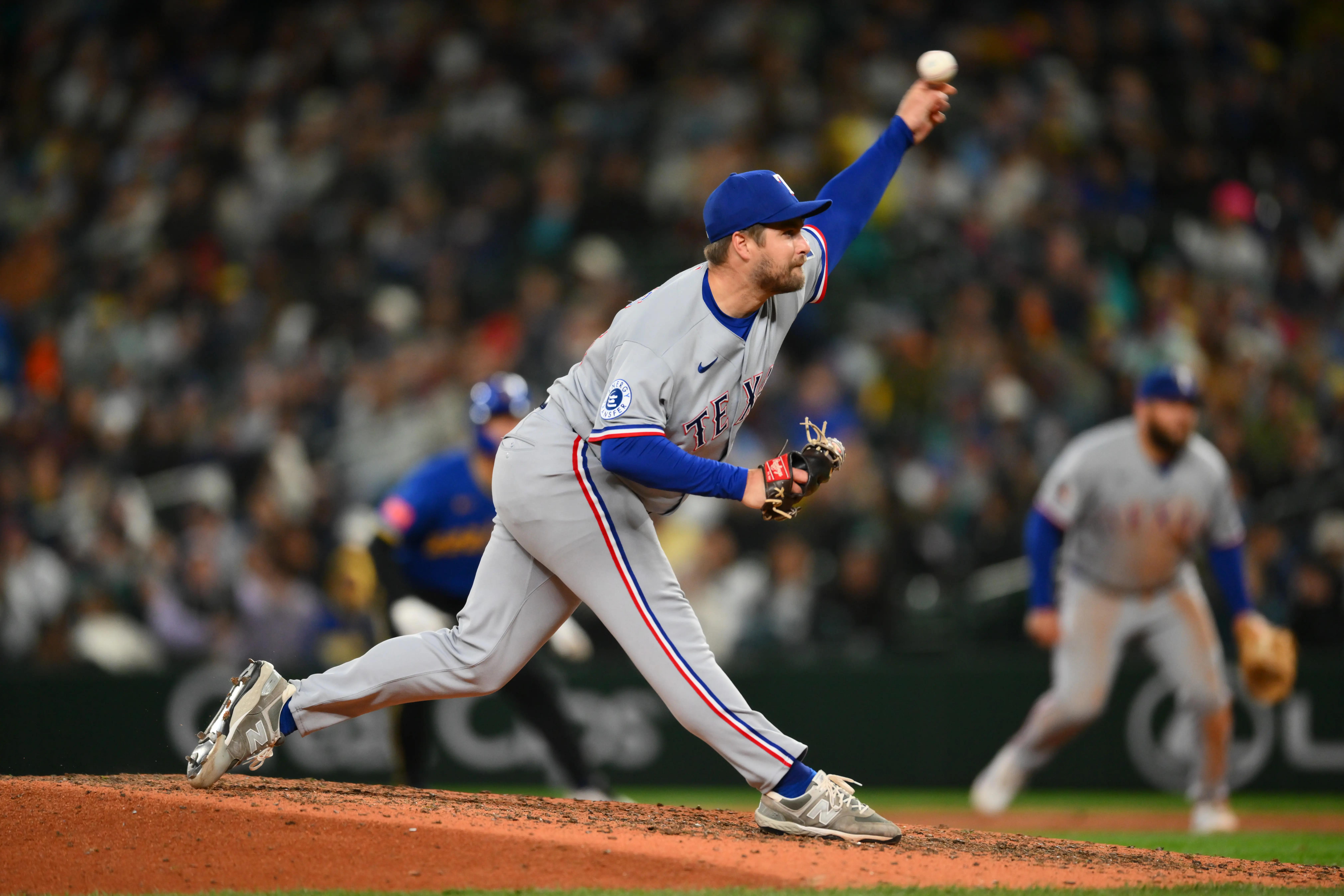 Texas Rangers reliever Jalen Beeks pitching against the Seattle Mariners during the seventh inning at T-Mobile Park in Seattle, Washington on April 17, 2026.