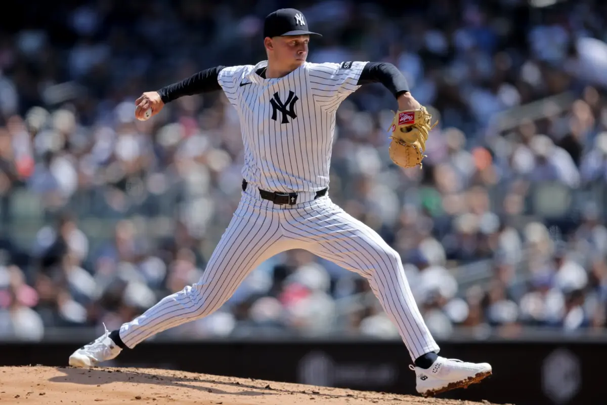 New York Yankees starting pitcher Will Warren pitching against the Kansas City Royals during the third inning at Yankee Stadium in the Bronx, New York on April 18, 2026.