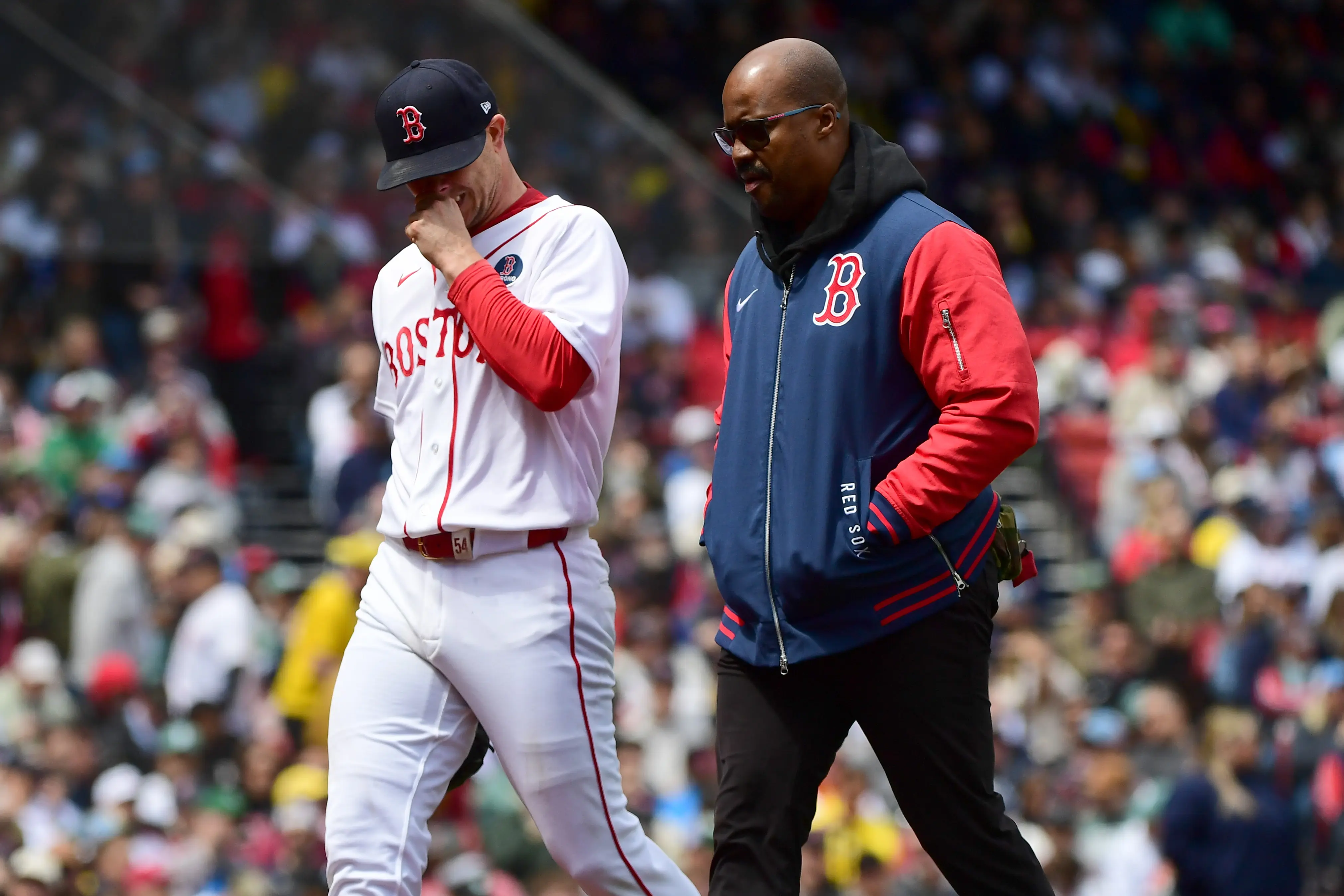Sonny Gray (54) walks to the dugout after being relieved from the game.